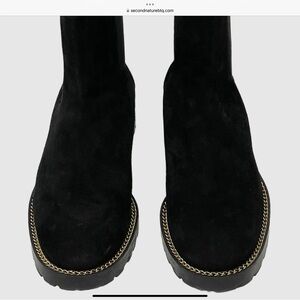Stuart Weitzman Black Ankle Boots with Gold Chain Detail